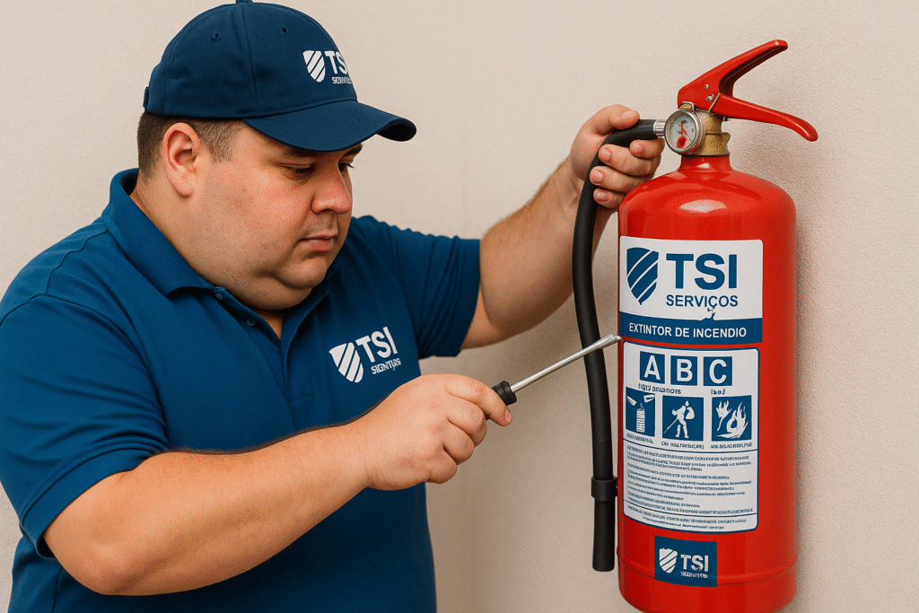Técnico da TSI Serviços realizando a inspeção dos extintores de incendio em Belo Horizonte