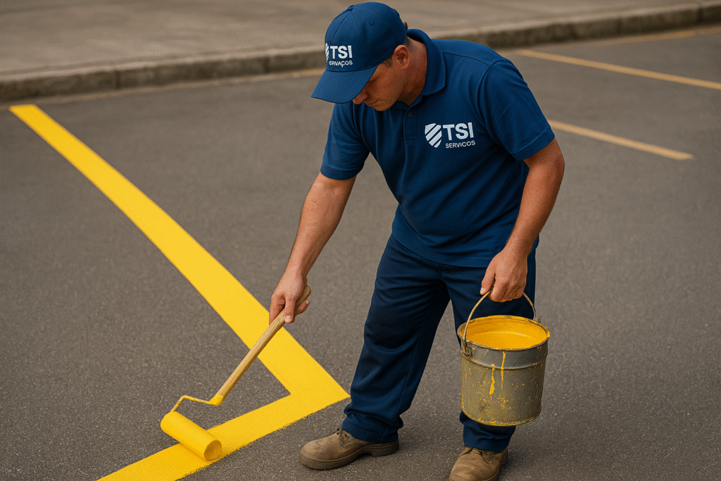 Técnico da TSI Serviços realizando o serviço de pintura de solo em um cliente de Belo Horizonte