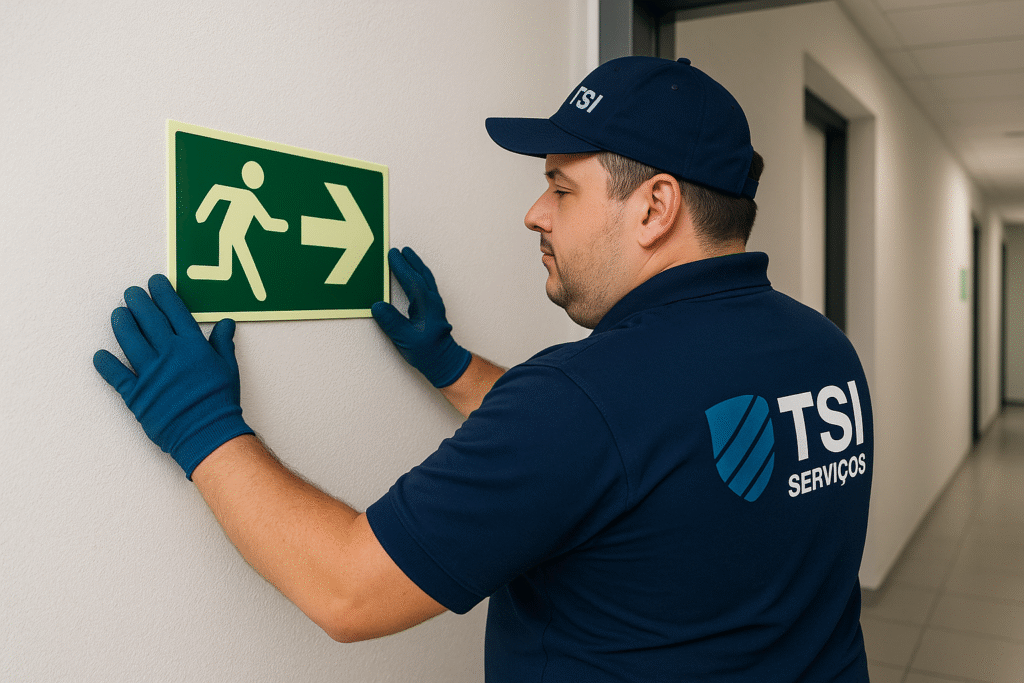 Técnico da TSI Serviços realizando a instalação de placas de sinalização fotoluminescentes em Belo Horizonte